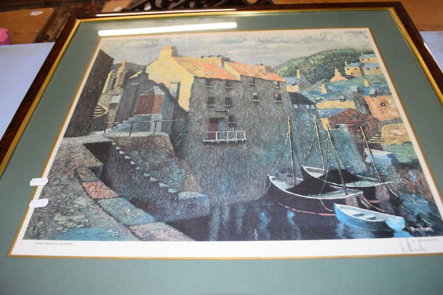TOM MORTON, COLOURED PRINT, IN A HARBOUR, POLPERRO, SIGNED IN PENCIL, FRAMED AND GLAZED