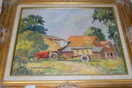 GODDARD STUDY OF A FARMYARD WITH TRACTOR, OIL ON BOARD