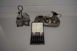 QUANTITY OF PLATED WARES, CONDIMENT SET, FURTHER SET OF GLASS BOTTLES ETC