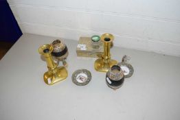 MIXED LOT: WHITE METAL MOUNTED VASES, CIGARETTE BOX, DRESSING TABLE JARS, BRASS CANDLESTICKS ETC