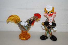 MURANO GLASS CLOWN AND FURTHER MODEL COCKEREL