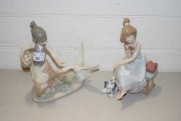 LLADRO MODEL OF A YOUNG GIRL CHASED BY A GOOSE TOGETHER WITH A FURTHER MODEL