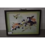 FRAMED PICTURE OF BIRDS AND FLOWERS DECORATED WITH SHELLS IN BLACK WOODEN FRAME