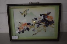 FRAMED PICTURE OF BIRDS AND FLOWERS DECORATED WITH SHELLS IN BLACK WOODEN FRAME