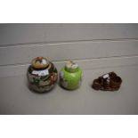 TWO SMALL CHINESE PORCELAIN JARS AND A SOAP STONE MODEL