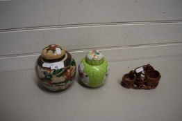 TWO SMALL CHINESE PORCELAIN JARS AND A SOAP STONE MODEL