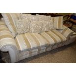 STRIPED UPHOLSTERED SOFA AND FOOTSTOOL (2)