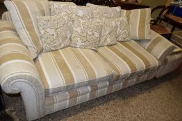 STRIPED UPHOLSTERED SOFA AND FOOTSTOOL (2)