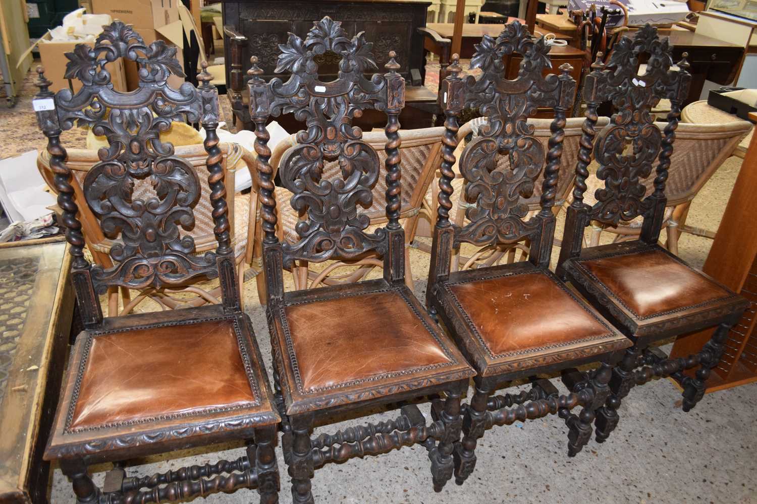 SET OF FOUR VICTORIAN GOTHIC OAK DINING CHAIRS