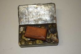 METAL CREME DE MENTHE BOX WITH MAINLY MILITARY BUTTONS