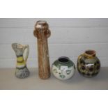 GERMAN STONE WARE JUG TOGETHER WITH OTHER POTTERY EXAMPLES INCLUDING AN ART NOUVEAU STREAKED VASE,