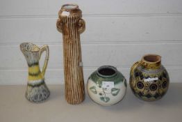 GERMAN STONE WARE JUG TOGETHER WITH OTHER POTTERY EXAMPLES INCLUDING AN ART NOUVEAU STREAKED VASE,