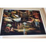 ORIENTAL SCHOOL STUDY OF A MARKET SCENE, OIL ON FABRIC, FRAMED