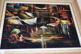 ORIENTAL SCHOOL STUDY OF A MARKET SCENE, OIL ON FABRIC, FRAMED