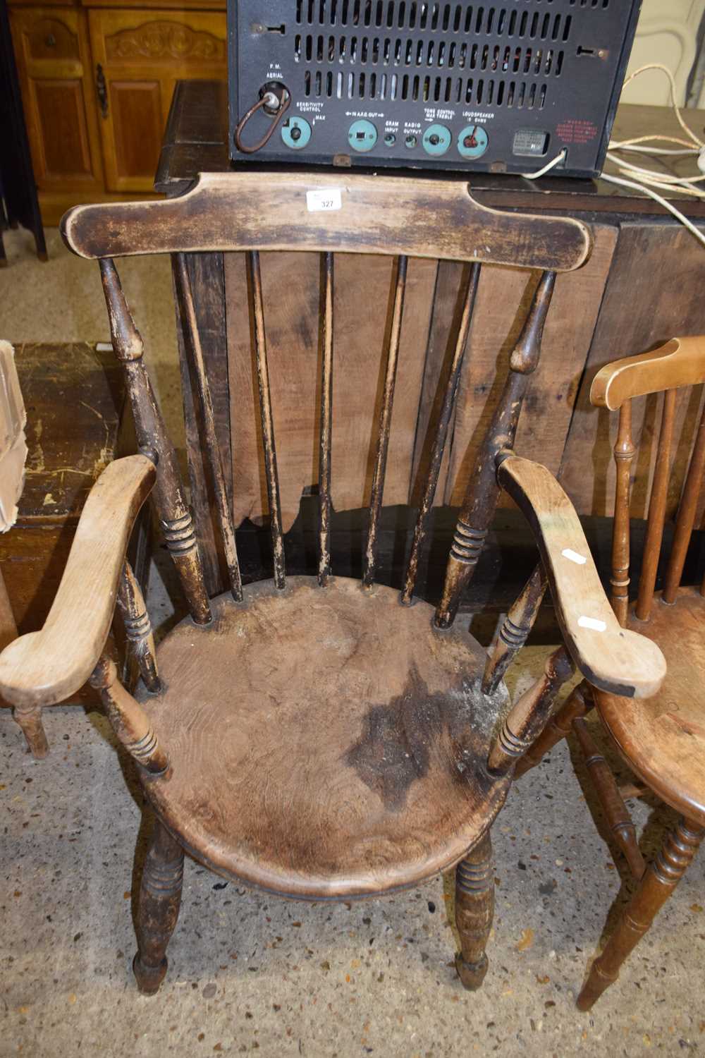 VICTORIAN ELM SEATED STICK BACK CARVER CHAIR