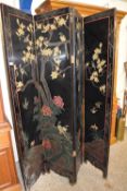 MODERN CHINESE LAQUERED THREE FOLD SCREEN DECORATED WITH BIRDS AND FLOWERS, APPROX 160CM WIDE