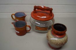 GLASS CASSEROLE DISH WITH POTTERY COVER, A FURTHER WEST GERMAN TYPE VASE AND TWO POTTERY JUGS