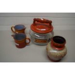 GLASS CASSEROLE DISH WITH POTTERY COVER, A FURTHER WEST GERMAN TYPE VASE AND TWO POTTERY JUGS