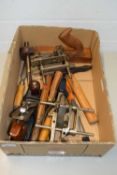 BOX CONTAINING QUANTITY OF PLANES AND OTHER WOOD WORKING TOOLS