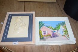 FRAMED PLAQUE MOTHER AND CHILD TOGETHER WITH TUCKER STUDY OF BERMUDAN COTTAGES, OIL ON BOARD