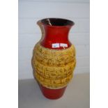 WEST GERMAN TYPE POTTERY LARGE VASE WITH A IMPRESSED DESIGN IN BROWN BETWEEN RED PAINTED BORDERS
