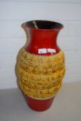 WEST GERMAN TYPE POTTERY LARGE VASE WITH A IMPRESSED DESIGN IN BROWN BETWEEN RED PAINTED BORDERS