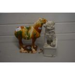 POTTERY MODEL OF A DOG OF FO TOGETHER WITH A MODEL OF A HORSE WITH TANG STYLE GLAZE