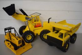 LARGE TONKA TRUCK AND TONKA DIGGER AND DIGGER LOADER AND FURTHER BULLDOZER