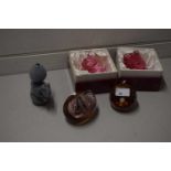 GROUP OF PAPERWEIGHTS AND TWO BOXED GLASS ASHTRAYS