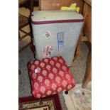 SMALL FOOTSTOOL AND A VINTAGE TRAVEL TRUNK
