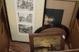 BOX OF VARIOUS PICTURES TO INCLUDE 19TH CENTURY ENGRAVING OF A WEST VIEW OF CAMBRIDGE, FRENCH