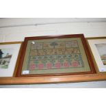 NEEDLEWORK PICTURE WITH ROWS OF ALPHABET AND FLOWERS