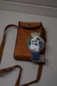 BLUE RAC BADGE NUMBER E33591 AND LEATHER CASE CONTAINING OLD BOX CAMERA