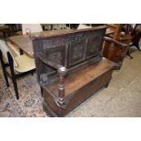 18TH CENTURY OAK COFFER WITH LATER ADAPTIONS TO A HALL SEAT/MONKS BENCH, 115CM WIDE