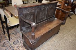 18TH CENTURY OAK COFFER WITH LATER ADAPTIONS TO A HALL SEAT/MONKS BENCH, 115CM WIDE