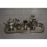 PLATED TEA SET COMPRISING TEAPOT, WATER JUG, MILK JUG, SUGAR BOWL ETC ON PLATED TRAY