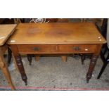 LATE VICTORIAN MAHOGANY TWO DRAWER SIDE TABLE ON TURNED LEGS, 99CM WIDE
