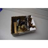 BOX CONTAINING QUANTITY OF VINTAGE FANS, NUTCRACKER AND PLATED CANDLESTICK