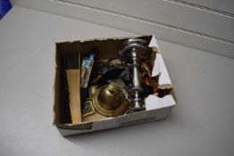 BOX CONTAINING QUANTITY OF VINTAGE FANS, NUTCRACKER AND PLATED CANDLESTICK