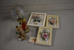 MIXED LOT: NAPLES PORCELAIN FLOWER MODELS IN FRAMES PLUS FURTHER CHERUB MODELS AND A MODEL PEACOCK