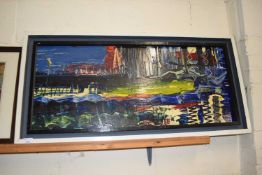 M A BUSSEY, ABSTRACT STUDY, HARBOUR SCENE, OIL ON BOARD, FRAMED