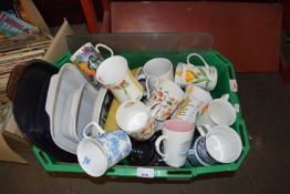 BOX OF VARIOUS MUGS, KITCHEN WARES ETC