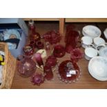 Mixed Lot: Various assorted cranberry glass jugs, covered dish, various small vases etc