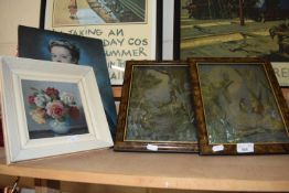 Mixed Lot: Small oil on board study of roses indistinctly signed together with fairy prints and