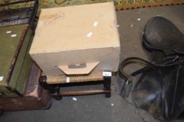 Small oak framed footstool together with a Dunn & Co cardboard hat box