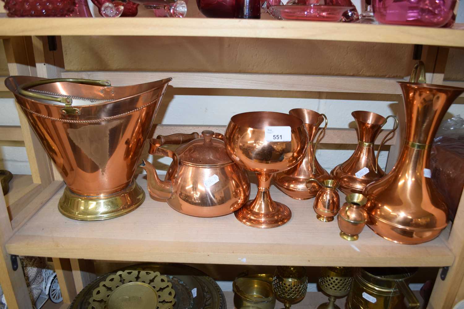 Collection of various copper wares to include jugs, vases, kettle etc