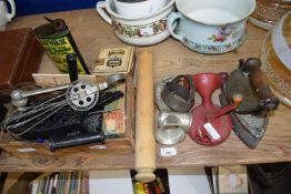 Mixed Lot: Various vintage kitchen wares, flat irons and other assorted items
