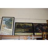 Two reproduction British Railway posters, 'Giants Refreshed' and 'Clear Road Ahead' together with