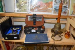 Mixed Lot: Brass bells, travelling vanity set, cased silver plated cruet, Royal Worcester dishes