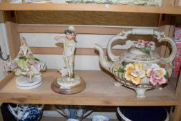 Capodimonte floral encrusted teapot together with a further Italian figurine and a Tessaro figure of